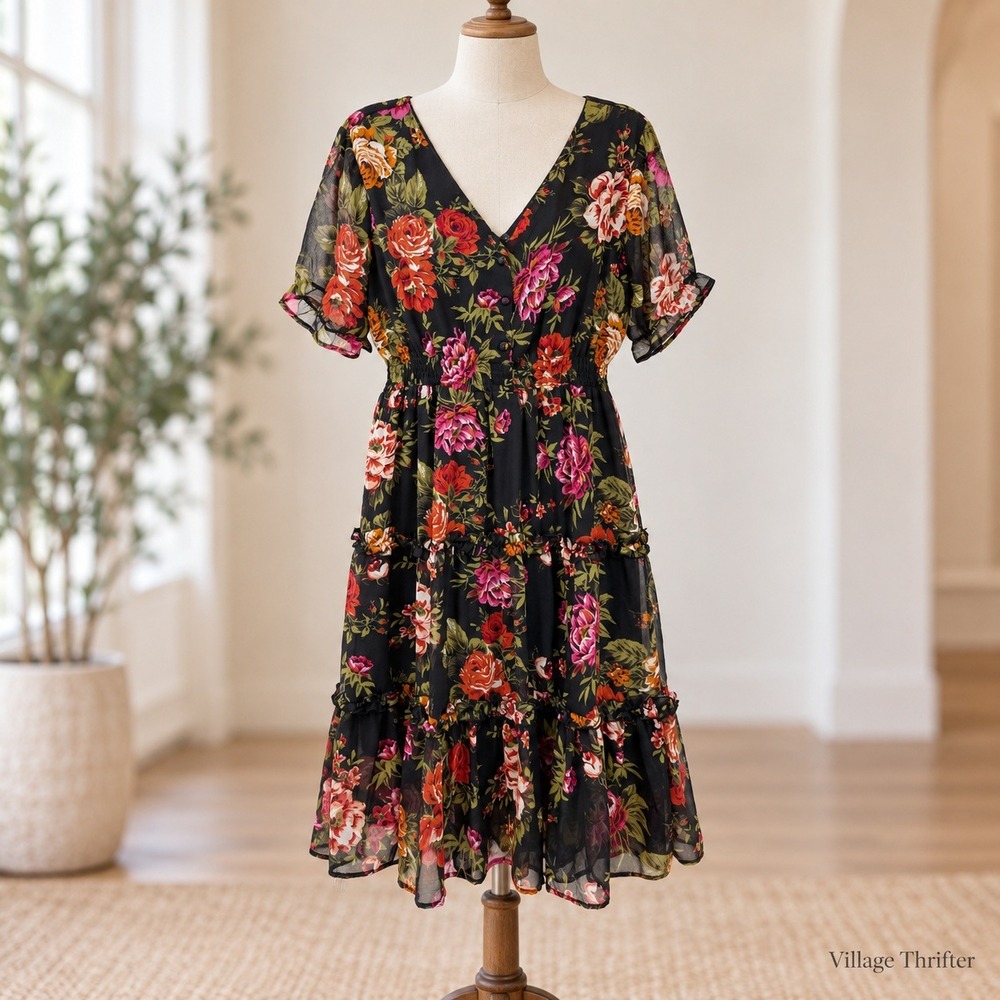 Lapis Floral Midi Dress Womens L Black Pink Tiered V-Neck Boho Romantic Chiffon